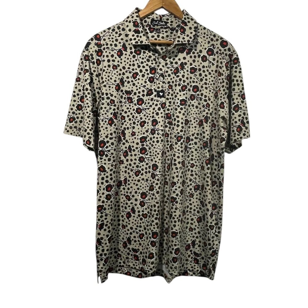 Bad Birdie Polo Shirt Mens Sz L Poppy Floral Print Tan Performance Golf UPF